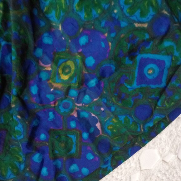 Vtg 50s 60s Midi Dress Fit Flare Blue Green Floral Shawl Collar Belted XS Women - Picture 3 of 7